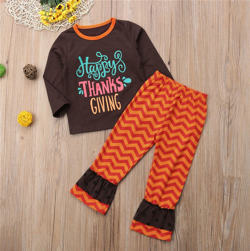 Thanksgiving Toddler Kid Baby Girl Clothes Long Sleeve Shirt Tops+Striped Flare Pants Outfit 2Pcs Suit Kids Clothing - ebowsos