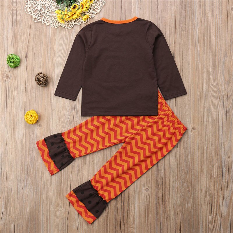 Thanksgiving Toddler Kid Baby Girl Clothes Long Sleeve Shirt Tops+Striped Flare Pants Outfit 2Pcs Suit Kids Clothing - ebowsos