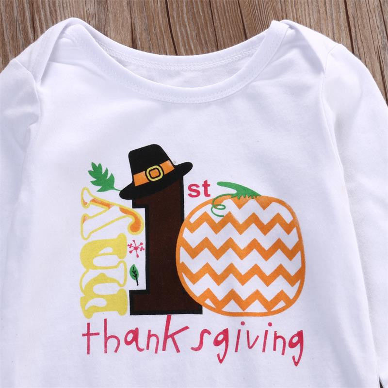 Thanthsgiving Baby Boy Girl Letter Print Short Sleeve Lace Summer Cotton Tops Bodysuit 0-12M - ebowsos