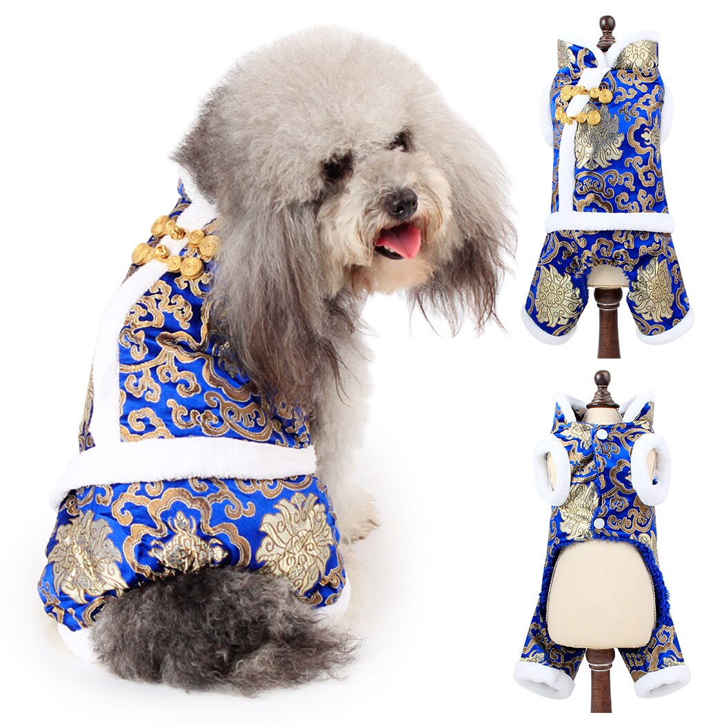 Thicken Shu Cotton Velvet Xiangyun Rich Flower Four-Legged Pet Tang Suit Dog Coat Fashion Thickened Plush Warm Pet Coat Supplies-ebowsos