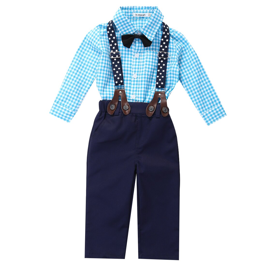 Toddler Baby Boy Bow Tie Plaid Shirt Long Sleeve +Suspender Pants Trousers Outfits 2pcs - ebowsos