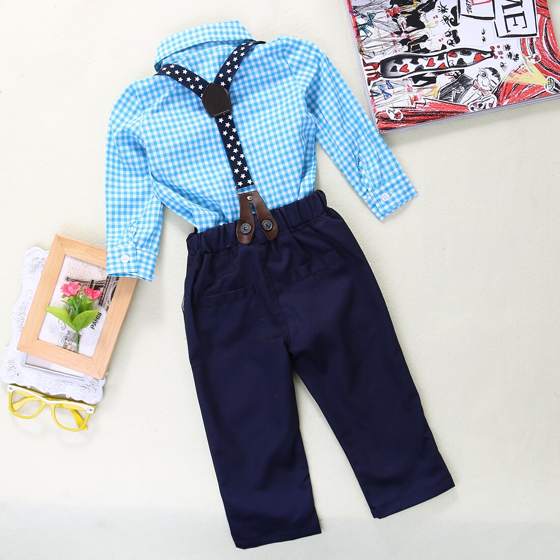 Toddler Baby Boy Bow Tie Plaid Shirt Long Sleeve +Suspender Pants Trousers Outfits 2pcs - ebowsos