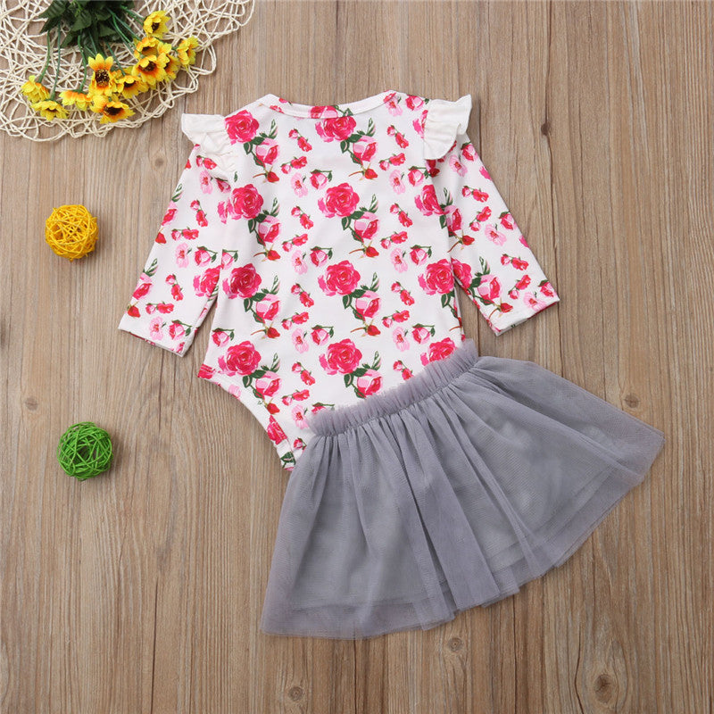 Toddler Baby Cute Girl Long Sleeve Ruffles Romper Tops+Lace Mini Skirts Party 2Pcs Set Girl Clothing - ebowsos