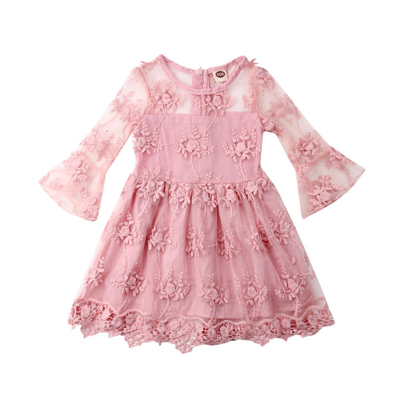 Toddler Baby Girl 3/4 Bell Sleeve Dress Princess Party Lace Tutu Mesh Dresses - ebowsos