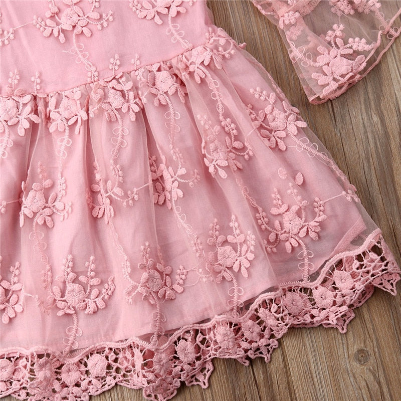 Toddler Baby Girl 3/4 Bell Sleeve Dress Princess Party Lace Tutu Mesh Dresses - ebowsos