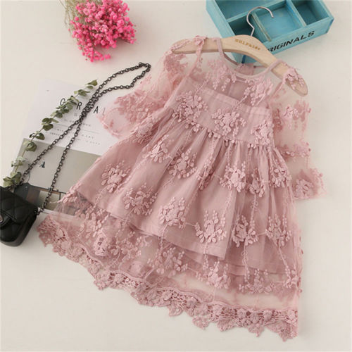 Toddler Baby Girl 3/4 Bell Sleeve Dress Princess Party Lace Tutu Mesh Dresses - ebowsos