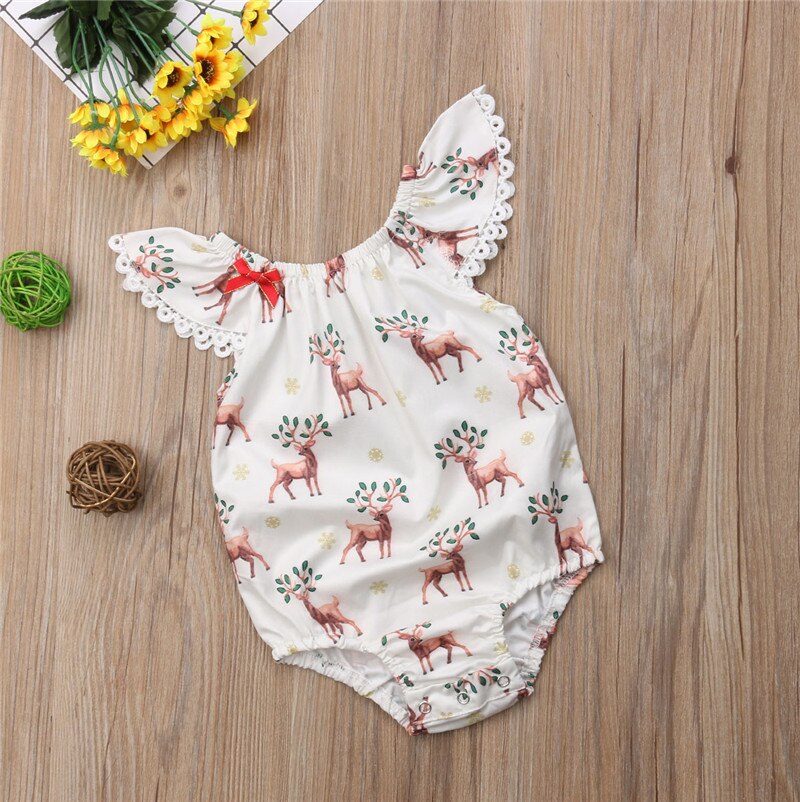 Toddler Baby Girls Christmas Deer Off Shoulder Romper Jumpsuit Outfits Clothes - ebowsos