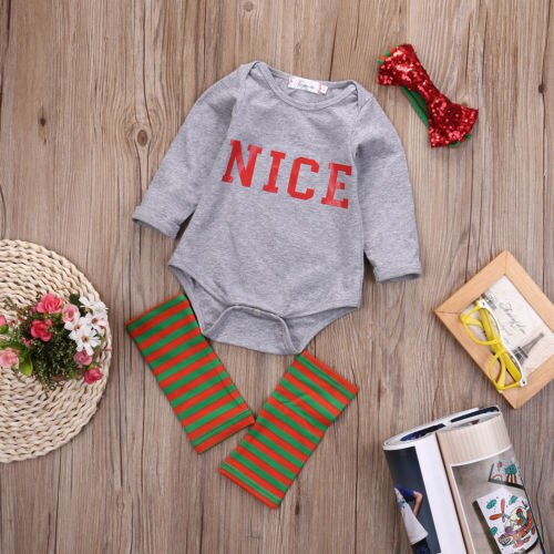 Toddler Baby Girls Cotton Long Sleeve Autumn Romper Jumpsuit+Striped Leg warmer+Headband 3Pcs Suit Outfits - ebowsos