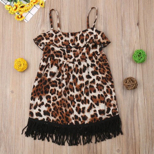 Toddler Baby Girls Dress Sexy Leopard Backless Strap Party Tassels Dresses Sundress Clothes - ebowsos