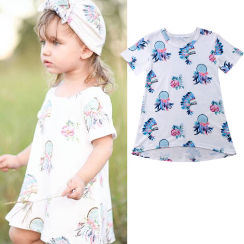 Toddler Baby Girls Feather Prints Short Sleeve Dress Kids Casual Dresses Outfit Sundress - ebowsos