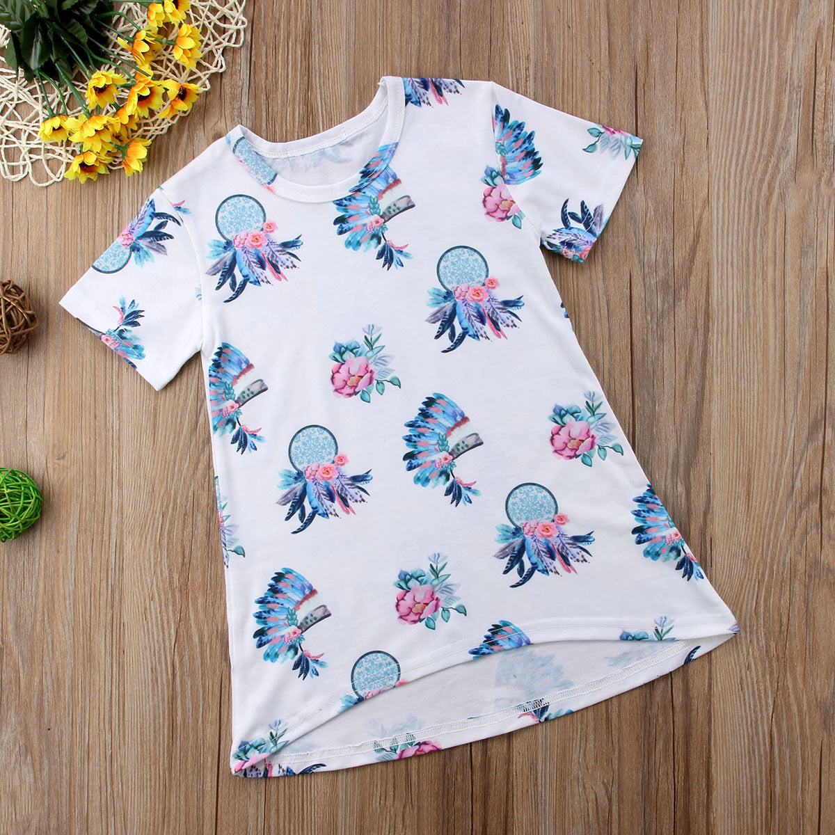 Toddler Baby Girls Feather Prints Short Sleeve Dress Kids Casual Dresses Outfit Sundress - ebowsos