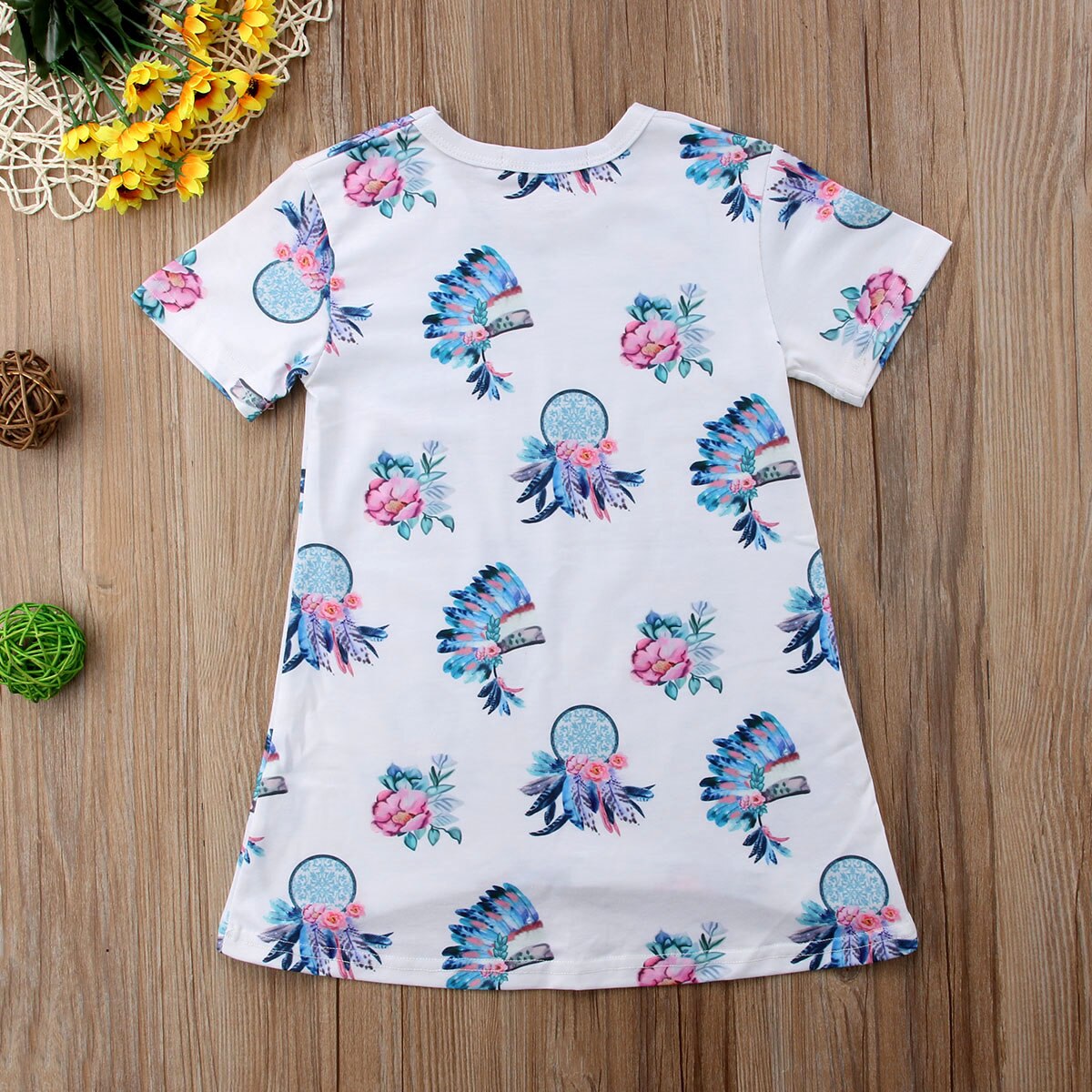 Toddler Baby Girls Feather Prints Short Sleeve Dress Kids Casual Dresses Outfit Sundress - ebowsos