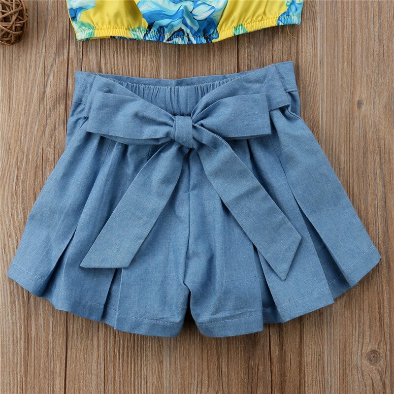 Toddler Baby Girls Floral Ruffle Off Shoulder Crop Tops+Bowknot Denim Shorts Skirt Set Summer Clothes Outfits 18-24 Months - ebowsos