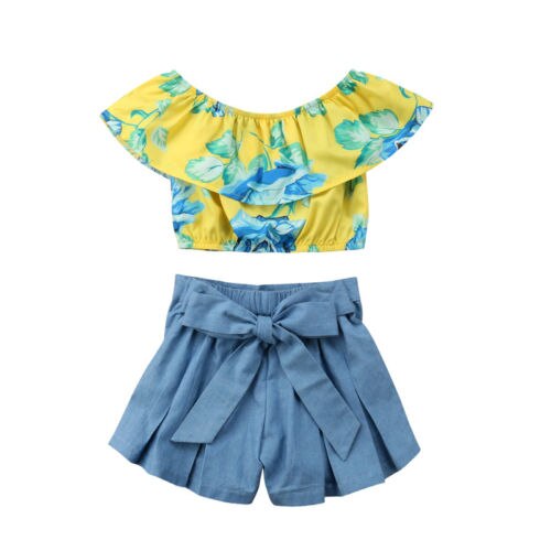 Toddler Baby Girls Floral Ruffle Off Shoulder Crop Tops+Bowknot Denim Shorts Skirt Set Summer Clothes Outfits 18-24 Months - ebowsos