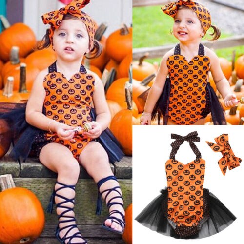 Toddler Baby Girls Halloween Sleeveless Romper Jumpsuit Lace Halter Tutu Outfits Clothes - ebowsos