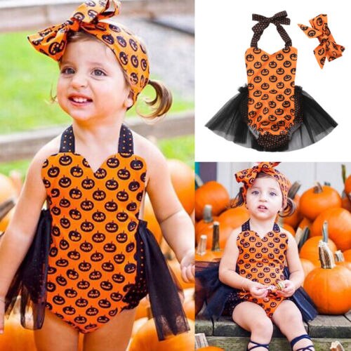 Toddler Baby Girls Halloween Sleeveless Romper Jumpsuit Lace Halter Tutu Outfits Clothes - ebowsos