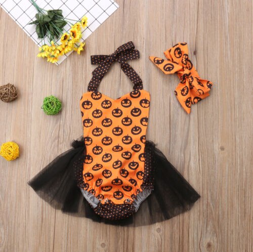 Toddler Baby Girls Halloween Sleeveless Romper Jumpsuit Lace Halter Tutu Outfits Clothes - ebowsos