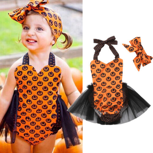 Toddler Baby Girls Halloween Sleeveless Romper Jumpsuit Lace Halter Tutu Outfits Clothes - ebowsos