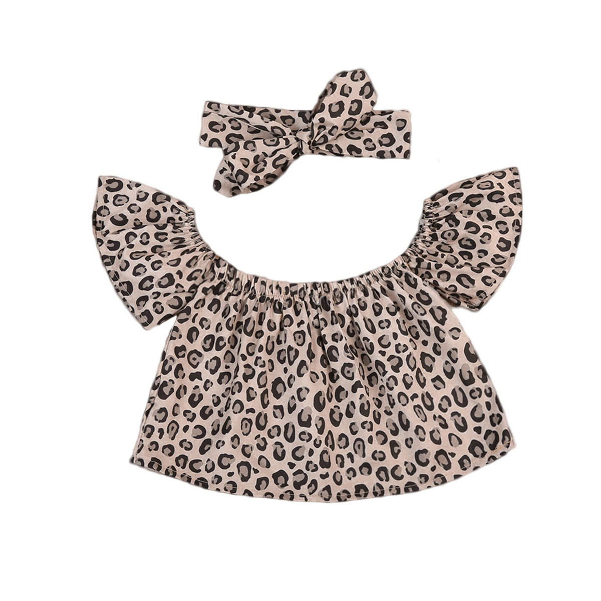 Toddler Baby Girls Leopard 2PCS Kids Off-shoulder Top+Scarf Headband Outfits Set - ebowsos