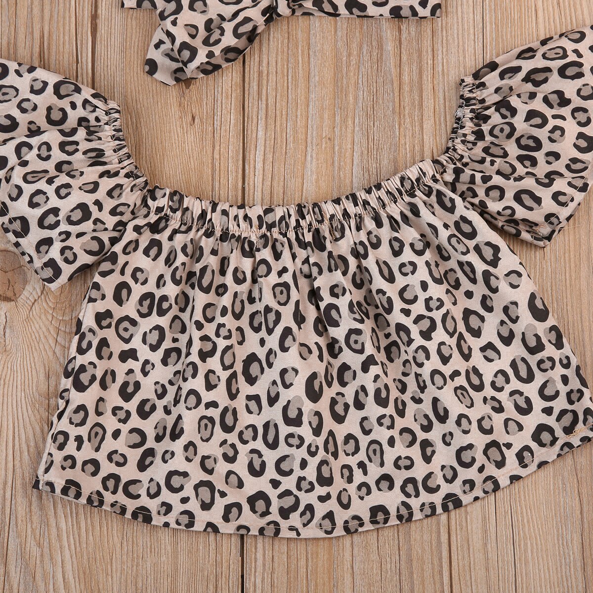 Toddler Baby Girls Leopard 2PCS Kids Off-shoulder Top+Scarf Headband Outfits Set - ebowsos