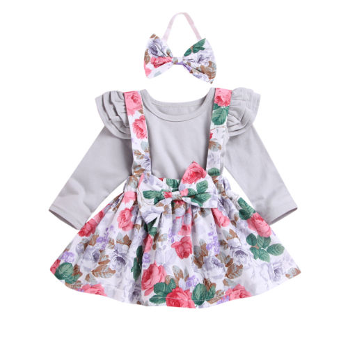 Toddler Baby Girls Ruffled Long Sleeve Romper Floral Suspender Skirt Outfits 2Pcs Set Cotton Clothing - ebowsos