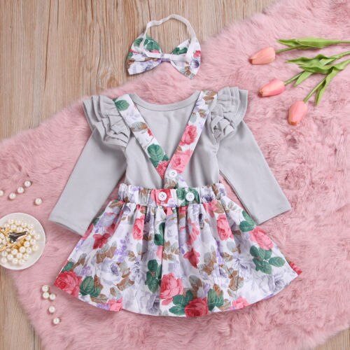 Toddler Baby Girls Ruffled Long Sleeve Romper Floral Suspender Skirt Outfits 2Pcs Set Cotton Clothing - ebowsos