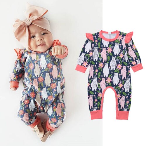 Toddler Baby Girls Ruffles Cartoon Romper Long Sleeve Jumpsuit Autumn Cotton Cute Clothing - ebowsos