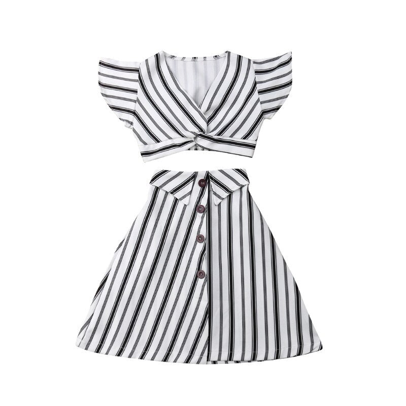 Toddler Baby Girls Summer Striped Clothing Ruffle Crop Tops+A-lined High Waist Skirt Outfit Set Boutique Kids Children Clothes - ebowsos