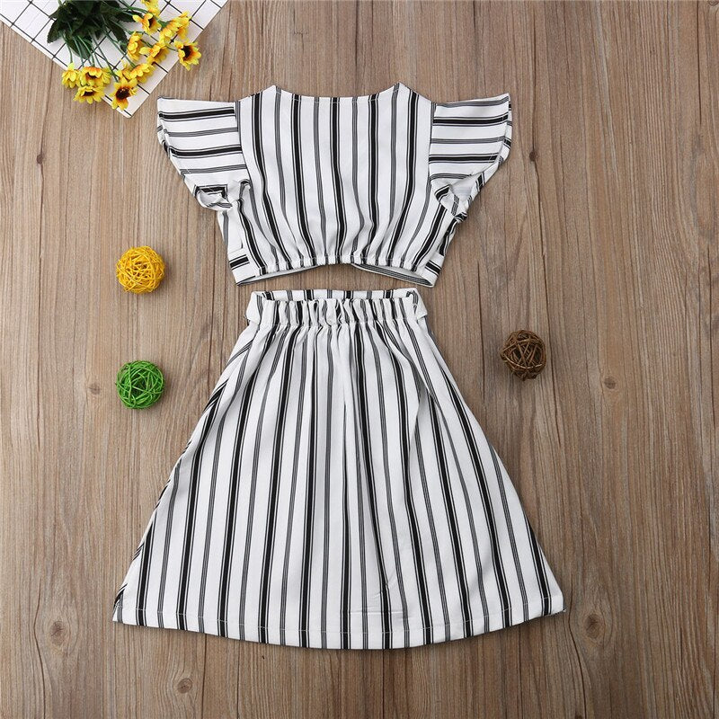 Toddler Baby Girls Summer Striped Clothing Ruffle Crop Tops+A-lined High Waist Skirt Outfit Set Boutique Kids Children Clothes - ebowsos