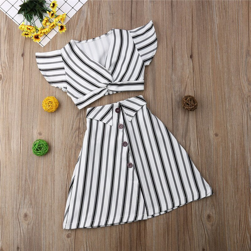 Toddler Baby Girls Summer Striped Clothing Ruffle Crop Tops+A-lined High Waist Skirt Outfit Set Boutique Kids Children Clothes - ebowsos