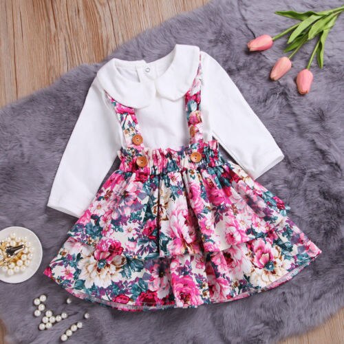 Toddler Baby Kids Girl Dress Set Long Sleeve Tops Shirt+Floral Sling Dresses Outfit 2Pcs Set Clothes - ebowsos