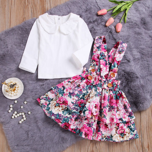 Toddler Baby Kids Girl Dress Set Long Sleeve Tops Shirt+Floral Sling Dresses Outfit 2Pcs Set Clothes - ebowsos