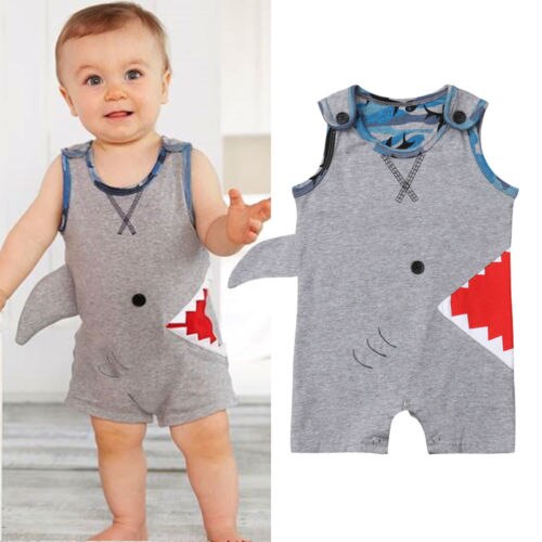 Toddler Cotton Sleeveless Romper Baby Boy Cartoon Shark Romper Jumpsuit Outfits Sunsuit Kids Clothing - ebowsos