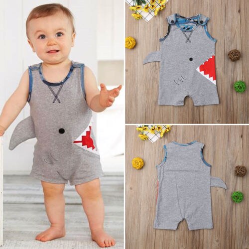 Toddler Cotton Sleeveless Romper Baby Boy Cartoon Shark Romper Jumpsuit Outfits Sunsuit Kids Clothing - ebowsos