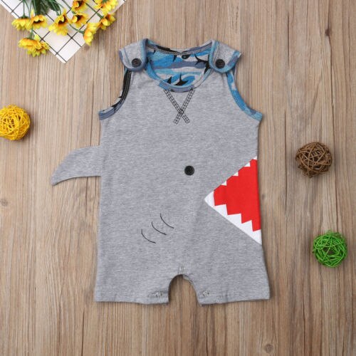 Toddler Cotton Sleeveless Romper Baby Boy Cartoon Shark Romper Jumpsuit Outfits Sunsuit Kids Clothing - ebowsos