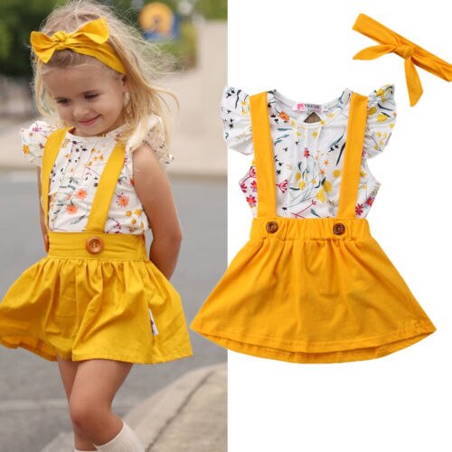 Toddler Girls Baby Clothes Floral Tops+Belt Skirt Dress 3PCS Outfits Set - ebowsos