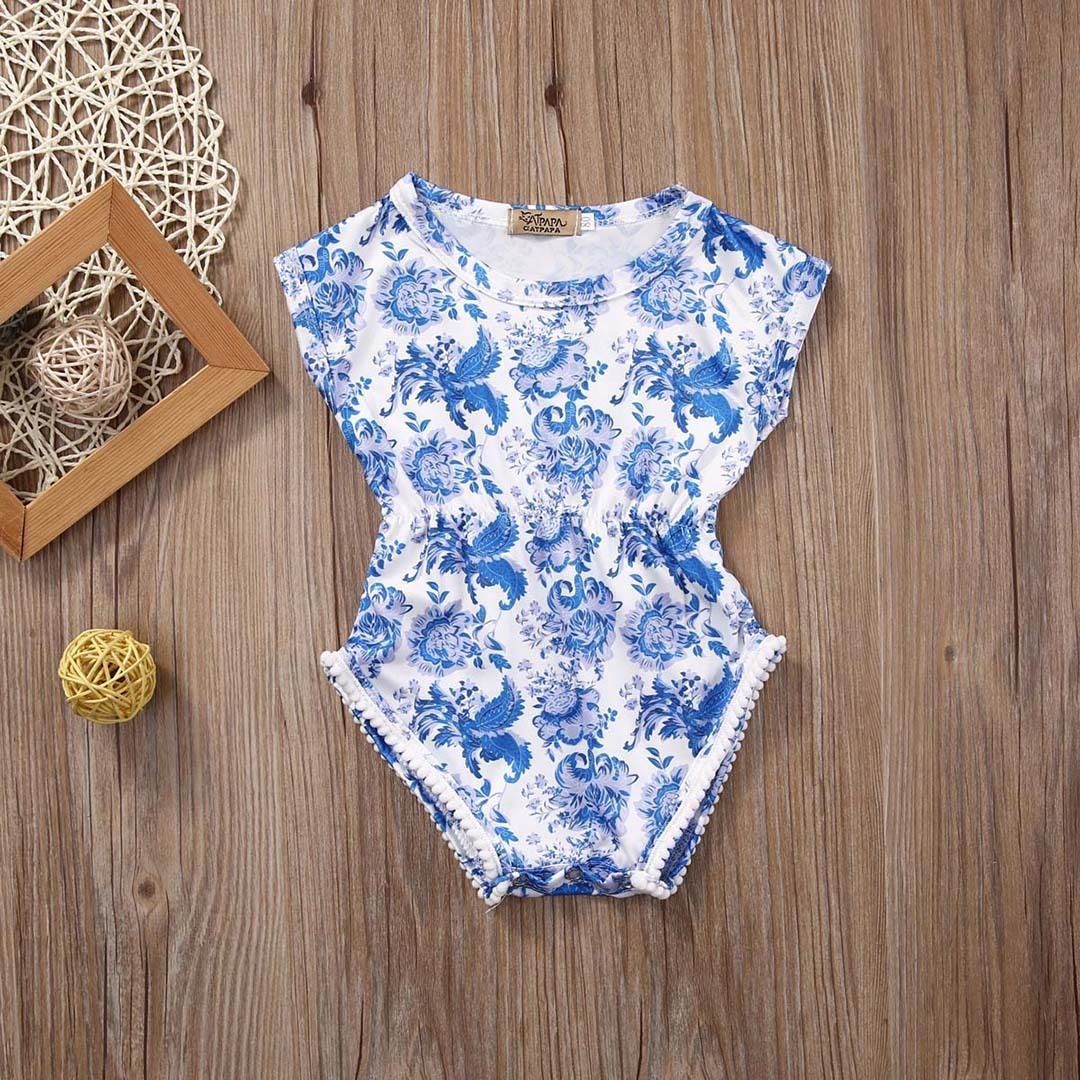 Toddler Infant Baby Girl Floral Bodysuit Blue and white porcelain Jumpsuit Cotton Outfits Sunsuit Clothes - ebowsos