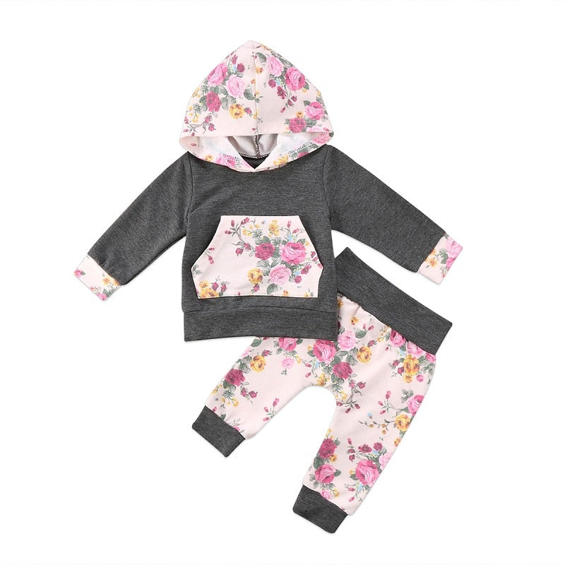 Toddler Infant Baby Girls Hooded Tops Floral Pants Leggings Outfits Set Clothes - ebowsos