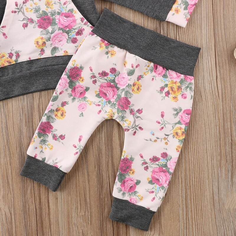 Toddler Infant Baby Girls Hooded Tops Floral Pants Leggings Outfits Set Clothes - ebowsos