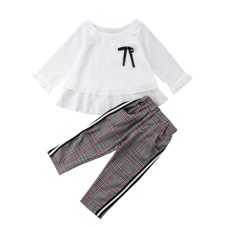 Toddler Kid Baby Girl Chiffon Long Sleeve Tops T-shirt+Stripes Trousers Pants Casual Clothes - ebowsos