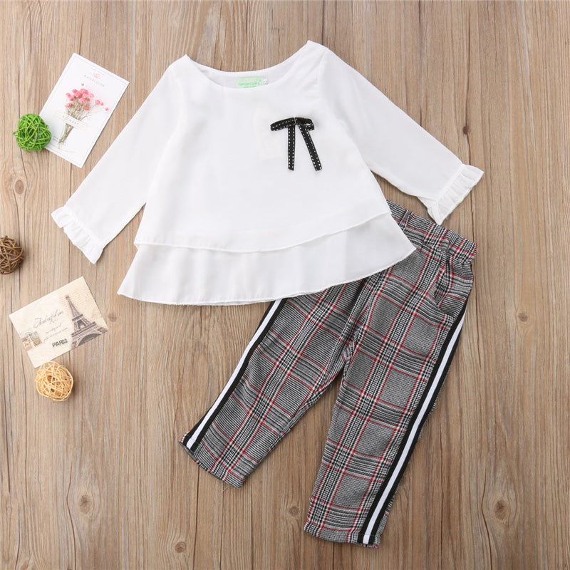 Toddler Kid Baby Girl Chiffon Long Sleeve Tops T-shirt+Stripes Trousers Pants Casual Clothes - ebowsos