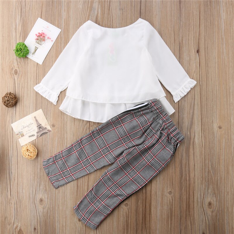 Toddler Kid Baby Girl Chiffon Long Sleeve Tops T-shirt+Stripes Trousers Pants Casual Clothes - ebowsos