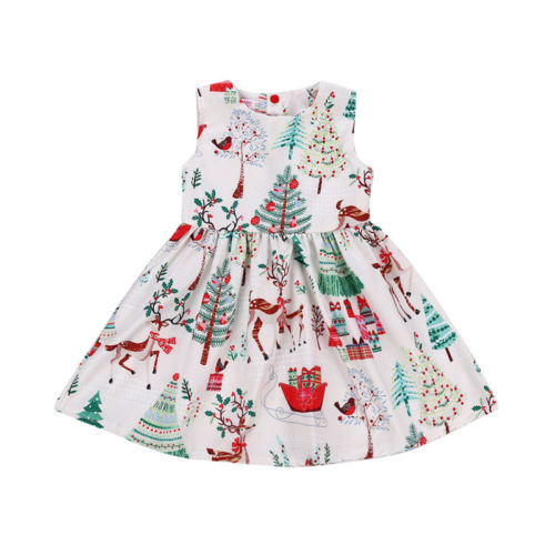 Toddler Kid Baby Girl Christmas Sleeveless Cartoon Deer Sleeveless Party Dress Clothes 2-6Y - ebowsos