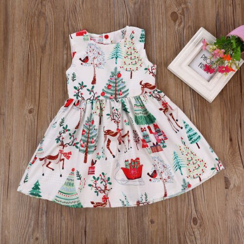 Toddler Kid Baby Girl Christmas Sleeveless Cartoon Deer Sleeveless Party Dress Clothes 2-6Y - ebowsos