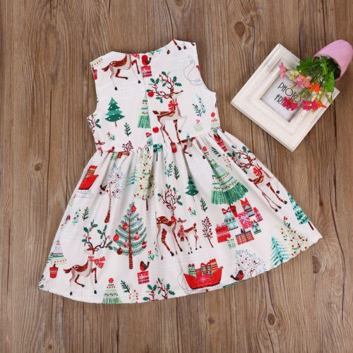 Toddler Kid Baby Girl Christmas Sleeveless Cartoon Deer Sleeveless Party Dress Clothes 2-6Y - ebowsos