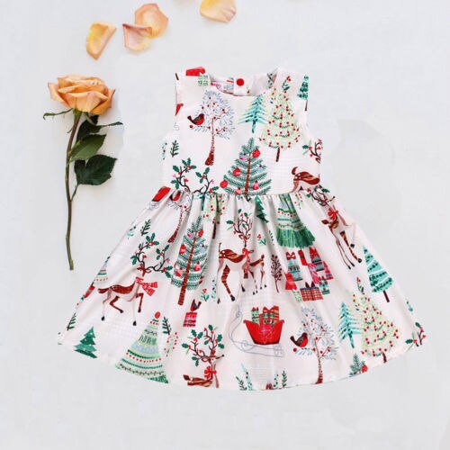 Toddler Kid Baby Girl Christmas Sleeveless Cartoon Deer Sleeveless Party Dress Clothes 2-6Y - ebowsos