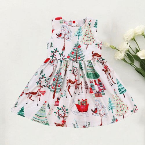 Toddler Kid Baby Girl Christmas Sleeveless Cartoon Deer Sleeveless Party Dress Clothes 2-6Y - ebowsos