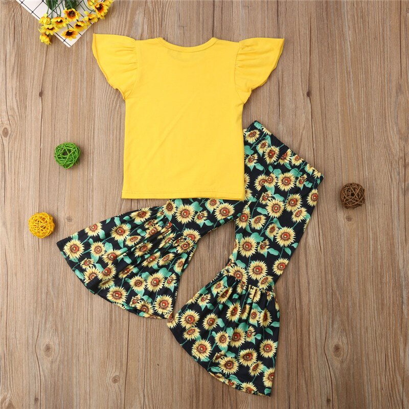 Toddler Kid Baby Girls 2Pcs Clothes Outfits Tops T-Shirt Floral Bell-bottoms Pants Girl Summer Clothing - ebowsos