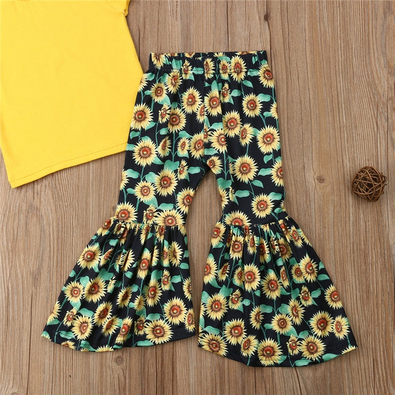 Toddler Kid Baby Girls 2Pcs Clothes Outfits Tops T-Shirt Floral Bell-bottoms Pants Girl Summer Clothing - ebowsos