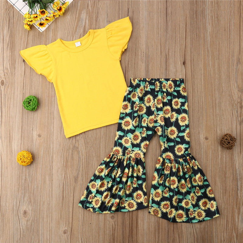 Toddler Kid Baby Girls 2Pcs Clothes Outfits Tops T-Shirt Floral Bell-bottoms Pants Girl Summer Clothing - ebowsos